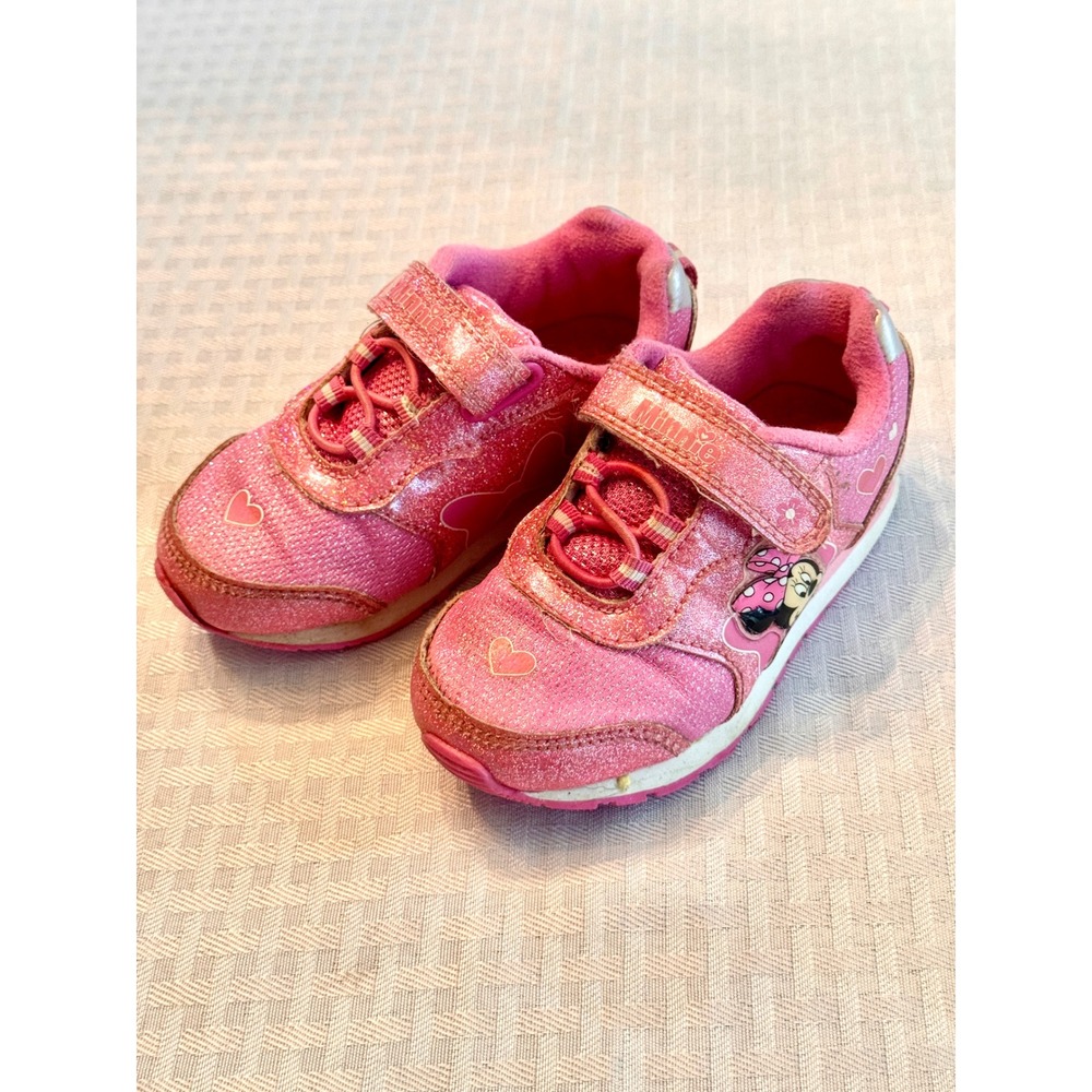 Disney Minnie Mouse Pink Glitter Light Up Shoes Girls Size 8 Polka Dot Sneakers